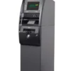 A large atm machine with the display showing it's time.